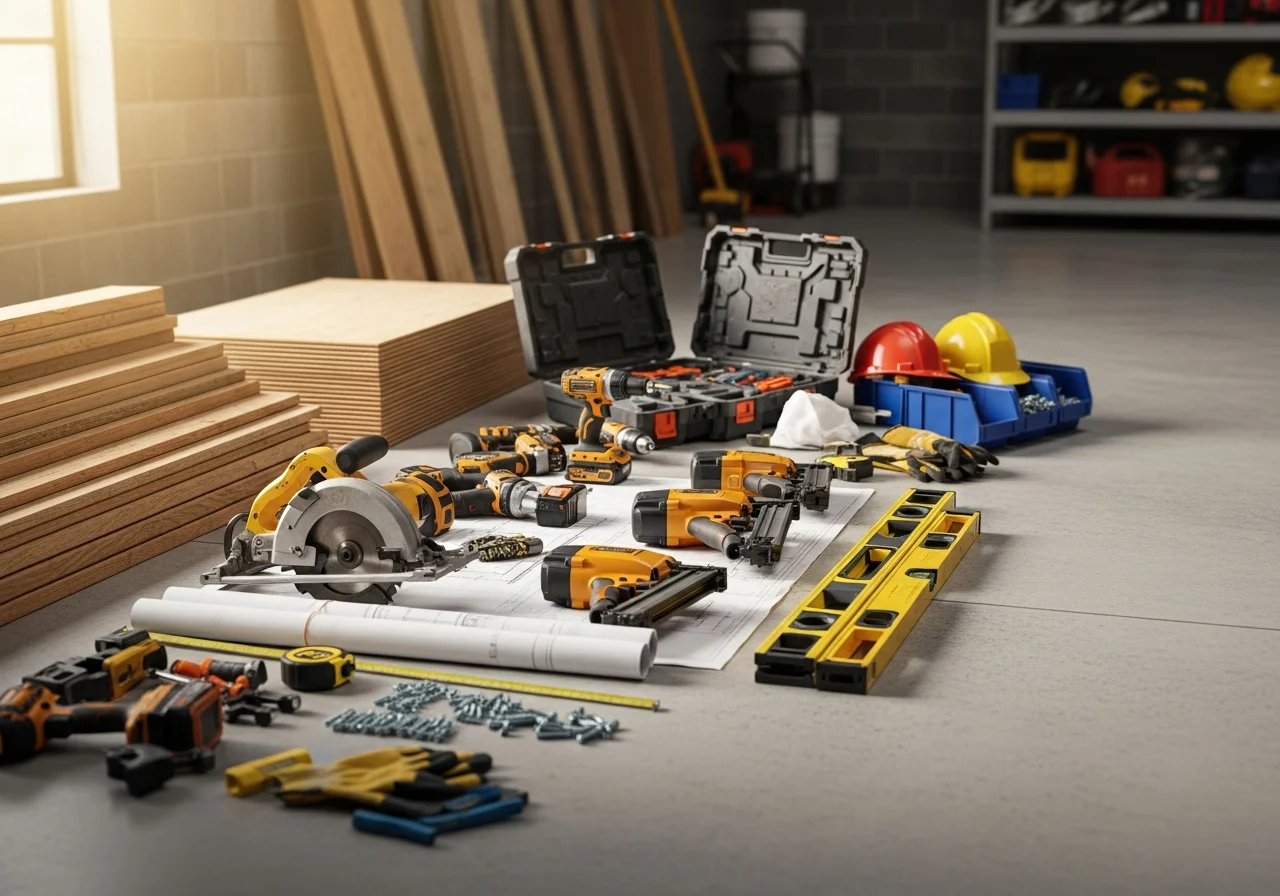 Contractor tools and materials on a work site, showcasing the trades and equipment used in home renovation and construction projects.