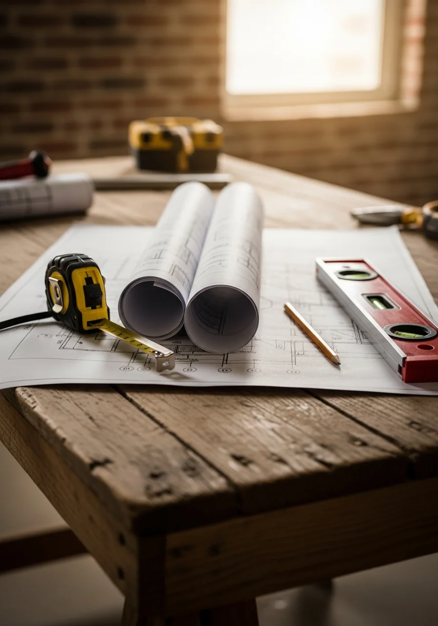 Close-up of professional contractor reviewing home improvement plans with homeowner.
