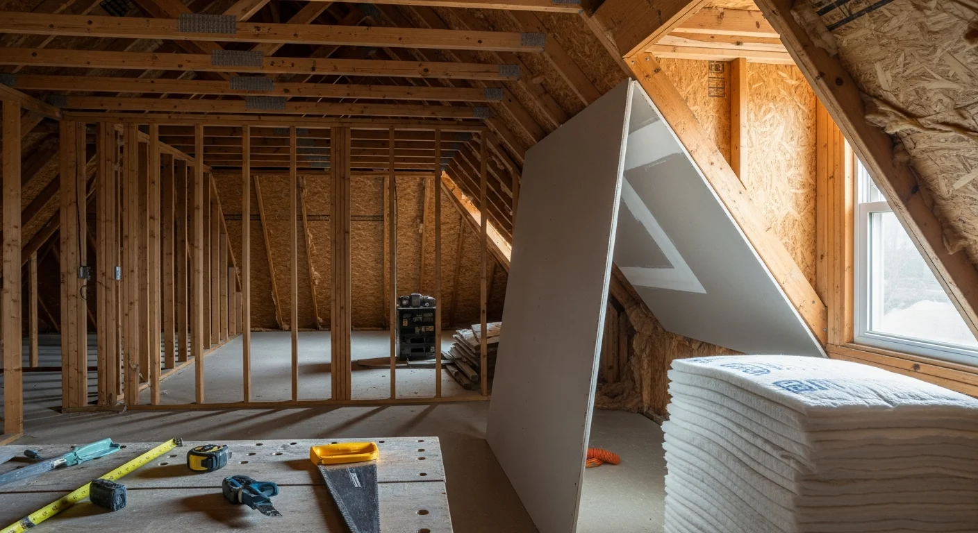 A finished attic room in a Metuchen, NJ single-family home, showing a built-out living space with sloped ceiling details, recessed lighting, and wood flooring. The renovation converts a previously unfinished attic into a functional room suited for a home office or guest bedroom.