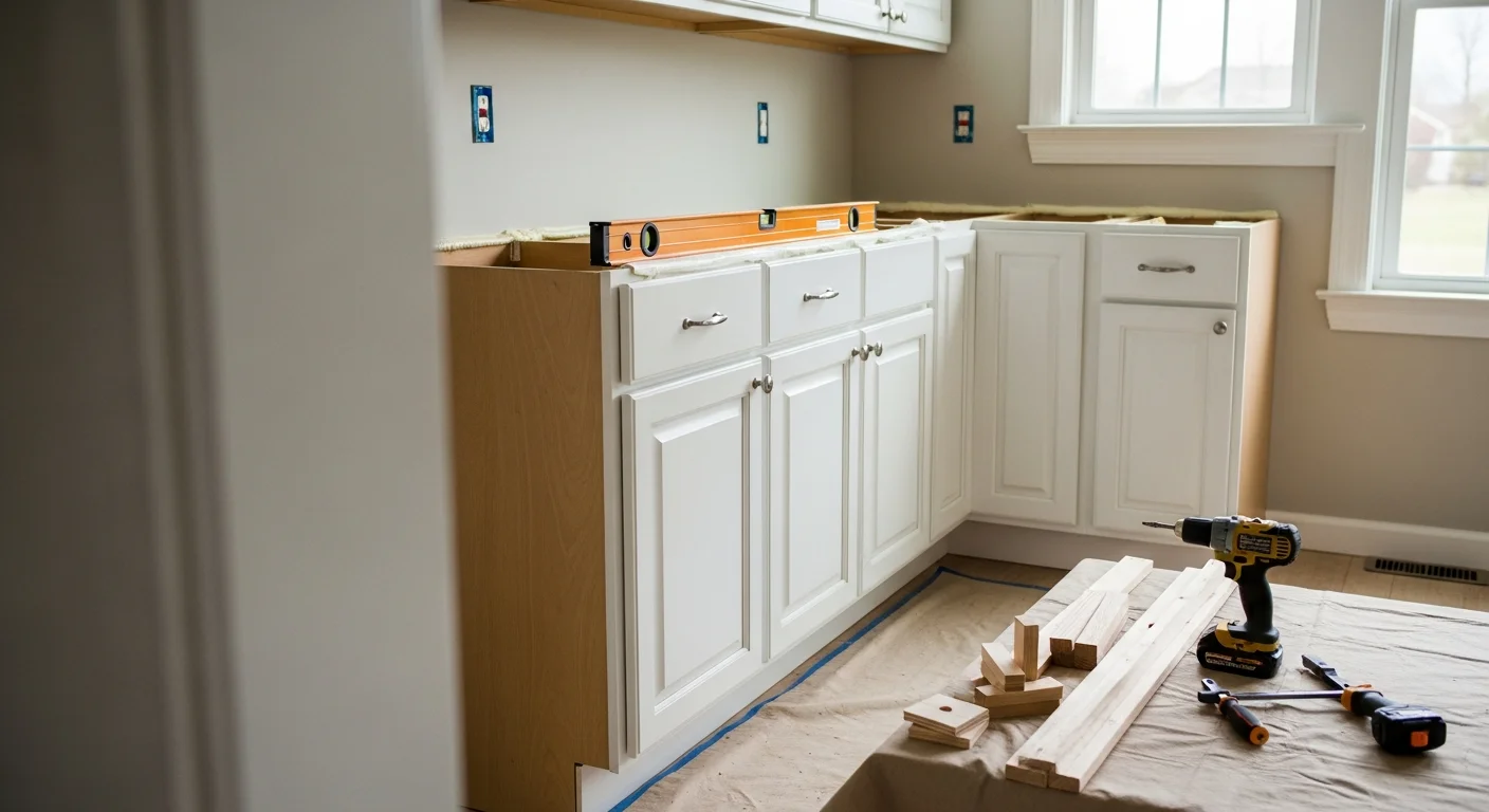 Newly installed kitchen cabinets with clean trim and hardware in a single-family home in Metuchen, NJ. Upper and lower cabinet runs are flush against the wall with even spacing and finished edges throughout the kitchen.