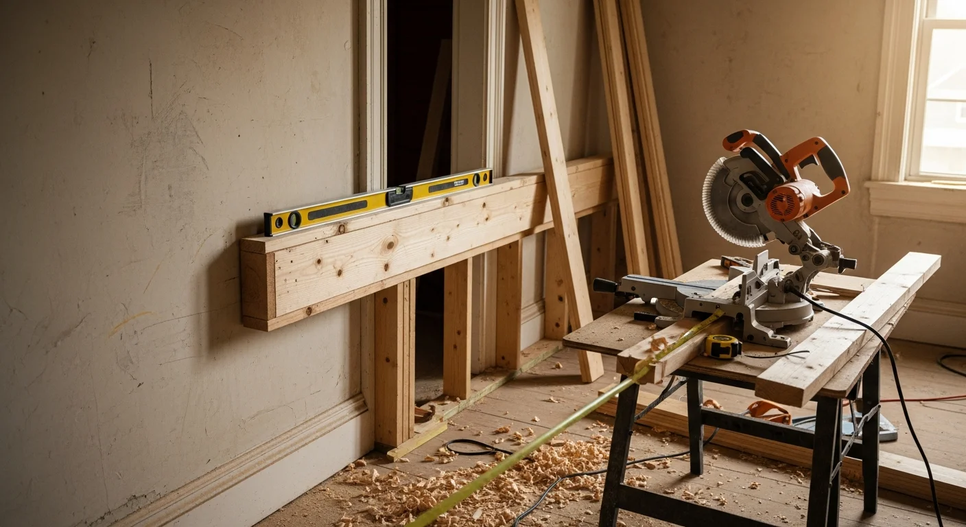 A carpenter fitting wood trim along the interior doorway of a single-family home in Metuchen, NJ. Finished crown molding and painted baseboards are visible in the background of the renovated room.