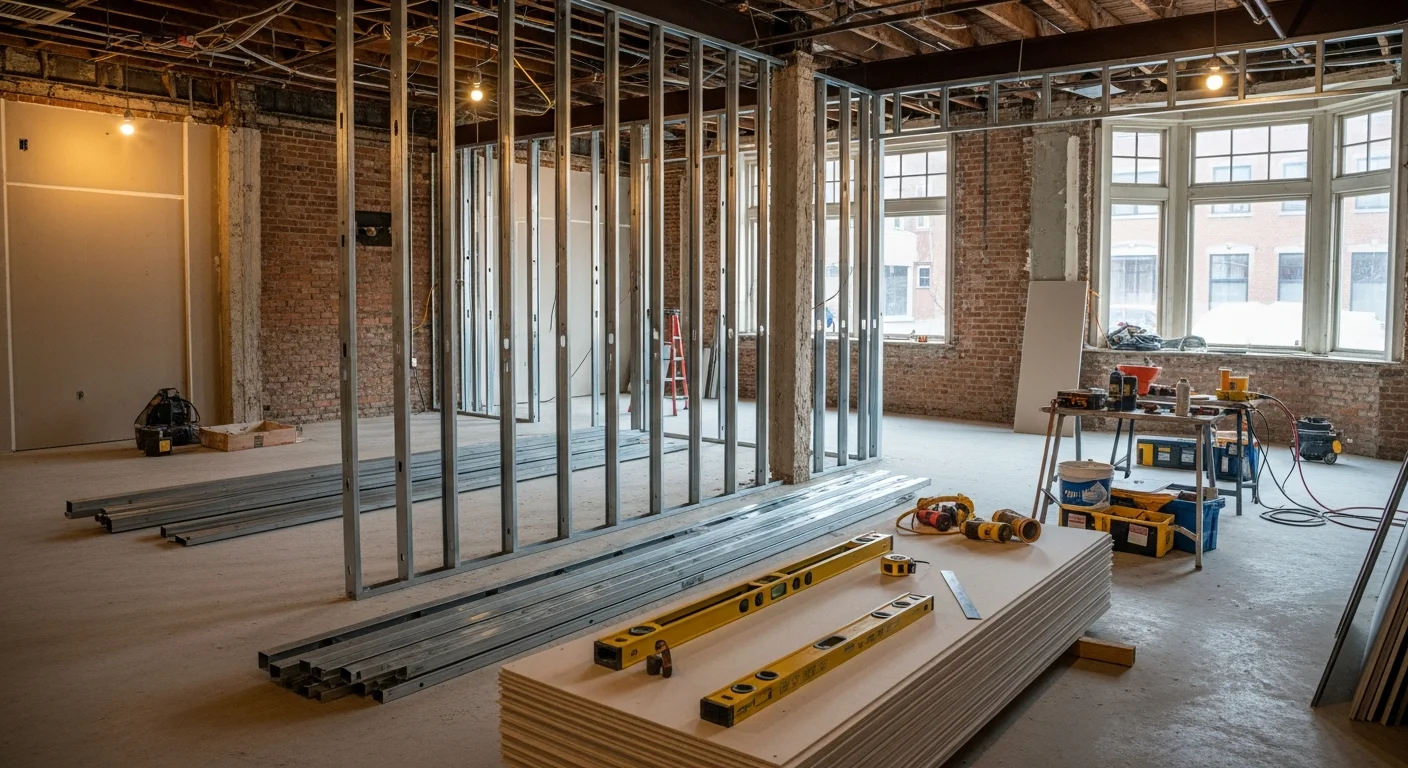 Interior of a freshly remodeled commercial office space in Metuchen, NJ, showing new drywall, updated flooring, and recessed lighting. A general contractor from Ideal Contracting Inc reviews finish work near a window overlooking a downtown Metuchen street.
