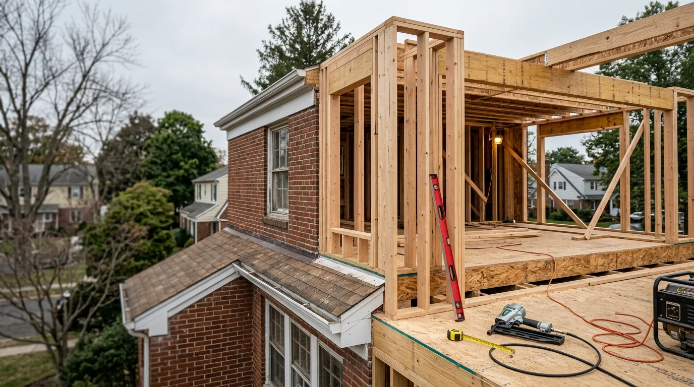 A completed home addition on a single-family house in Metuchen, NJ, showing new framed square footage attached to an older Colonial-style home. The exterior siding and roofline of the addition are matched to the existing structure.
