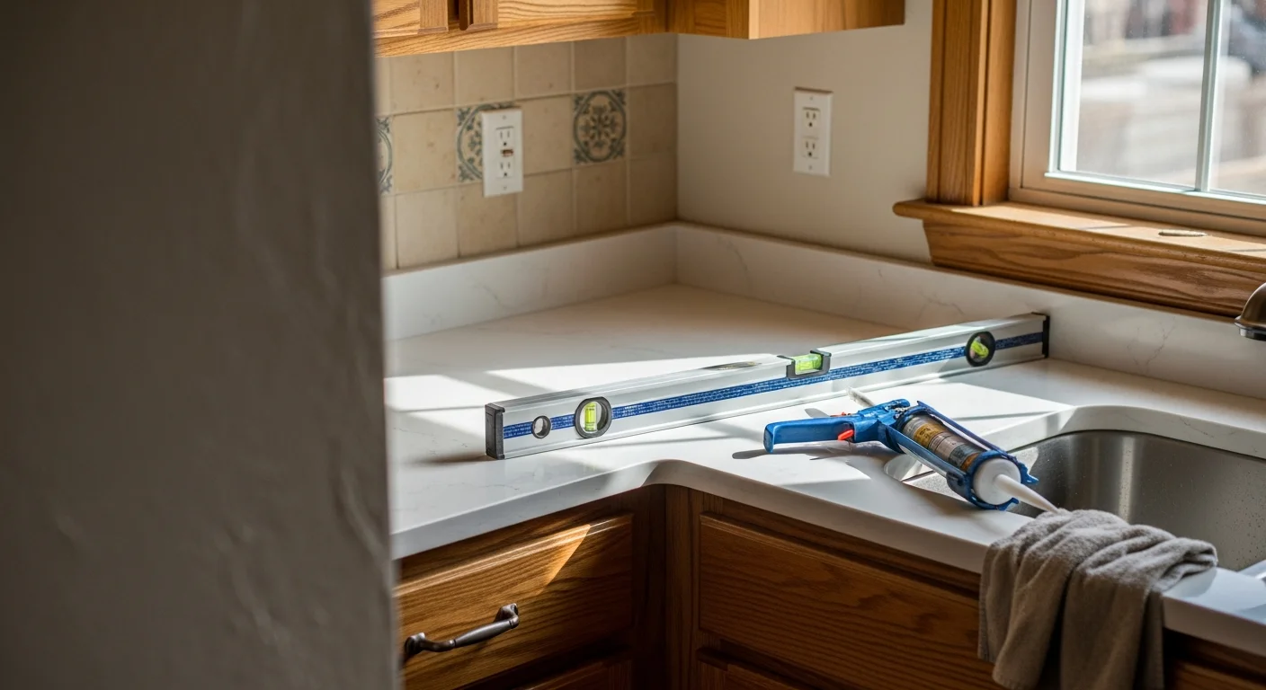 Newly installed kitchen countertop in a Metuchen, NJ home, showing a clean surface fitted to existing cabinetry with finished edge detail and an undermount sink. The kitchen reflects the tighter footprint common in older single-family homes in the Metuchen area.