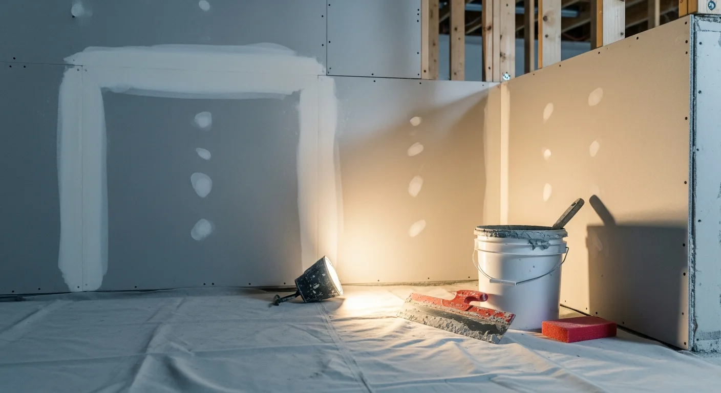 Freshly finished drywall walls and ceiling inside a renovated basement in Metuchen, NJ, showing smooth, paint-ready surfaces with sharp corner bead along a framed partition wall. A second image shows a completed attic conversion with drywall installed along angled roofline walls and a flat ceiling section, ready for paint.