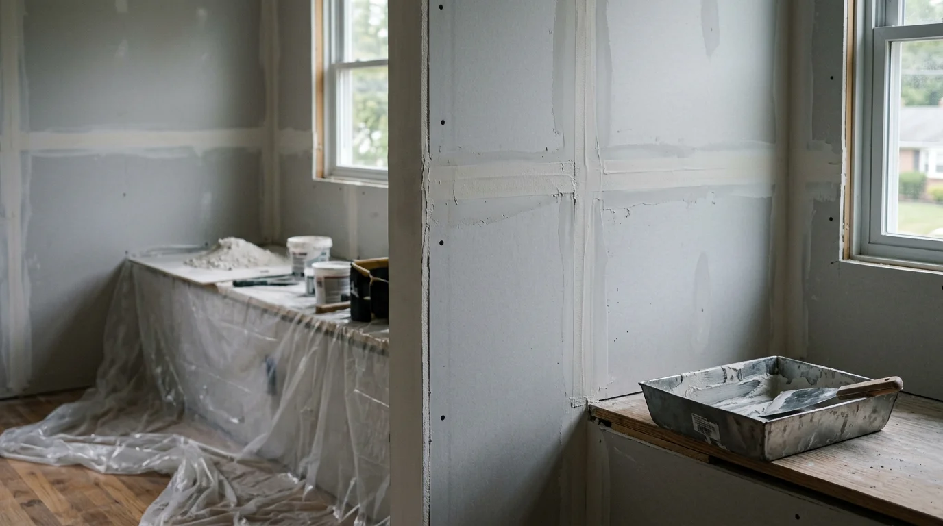 A freshly installed and finished drywall interior in a Central Jersey home, showing smooth, seam-free walls ready for paint in a newly renovated room. Ideal Contracting Inc drywall installation work in the Metuchen, NJ area.