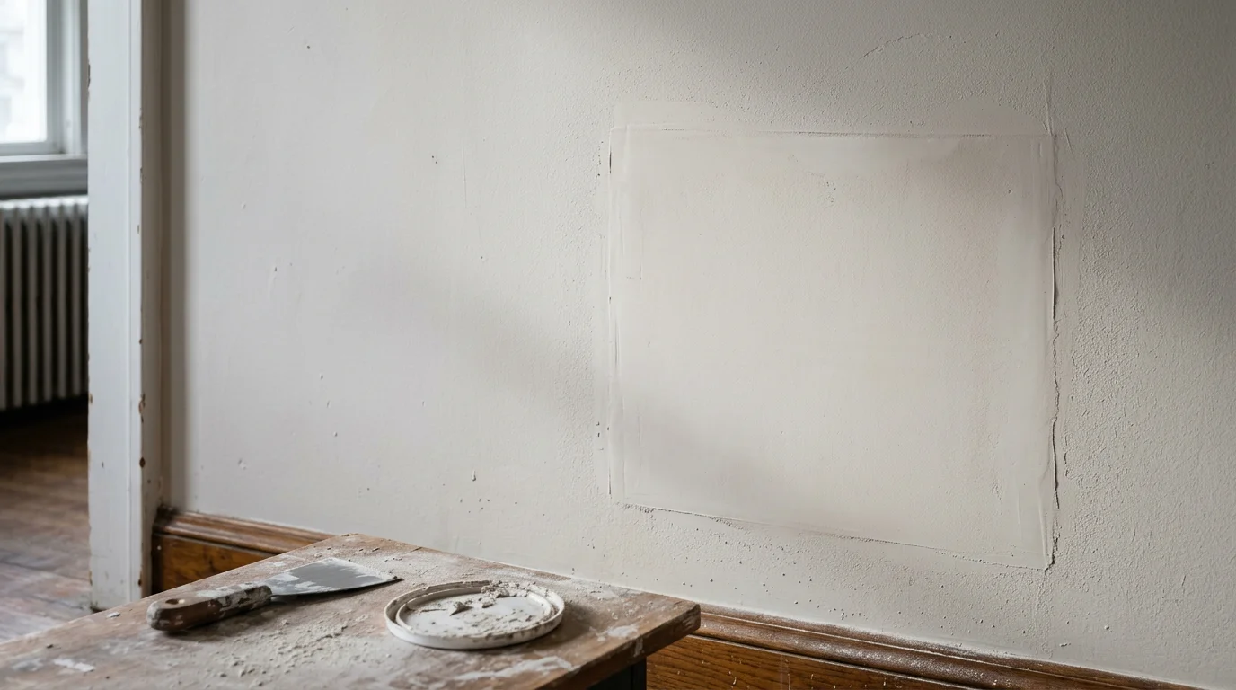 A freshly repaired and skim-coated drywall wall section in a Central Jersey home interior, showing a smooth surface ready for paint. A contractor's tools and patching materials are visible nearby.