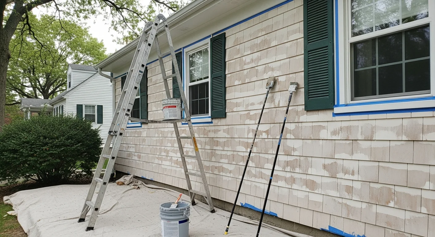 A freshly painted two-story Colonial-style home in Metuchen, NJ with clean white siding, dark trim, and a painted front door. The exterior shows smooth, even coverage on all siding panels and window trim with no visible peeling or fading.