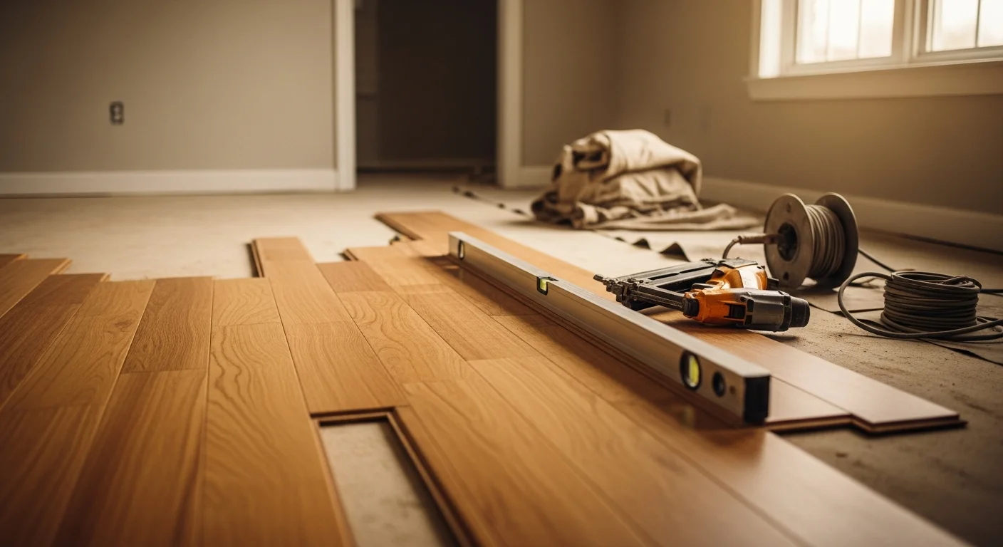 Freshly installed flooring in a mid-century single-family home in Metuchen, NJ, with clean seams running through a bright living room. The subfloor is level and the flooring fits tightly against painted baseboards and a hallway threshold.