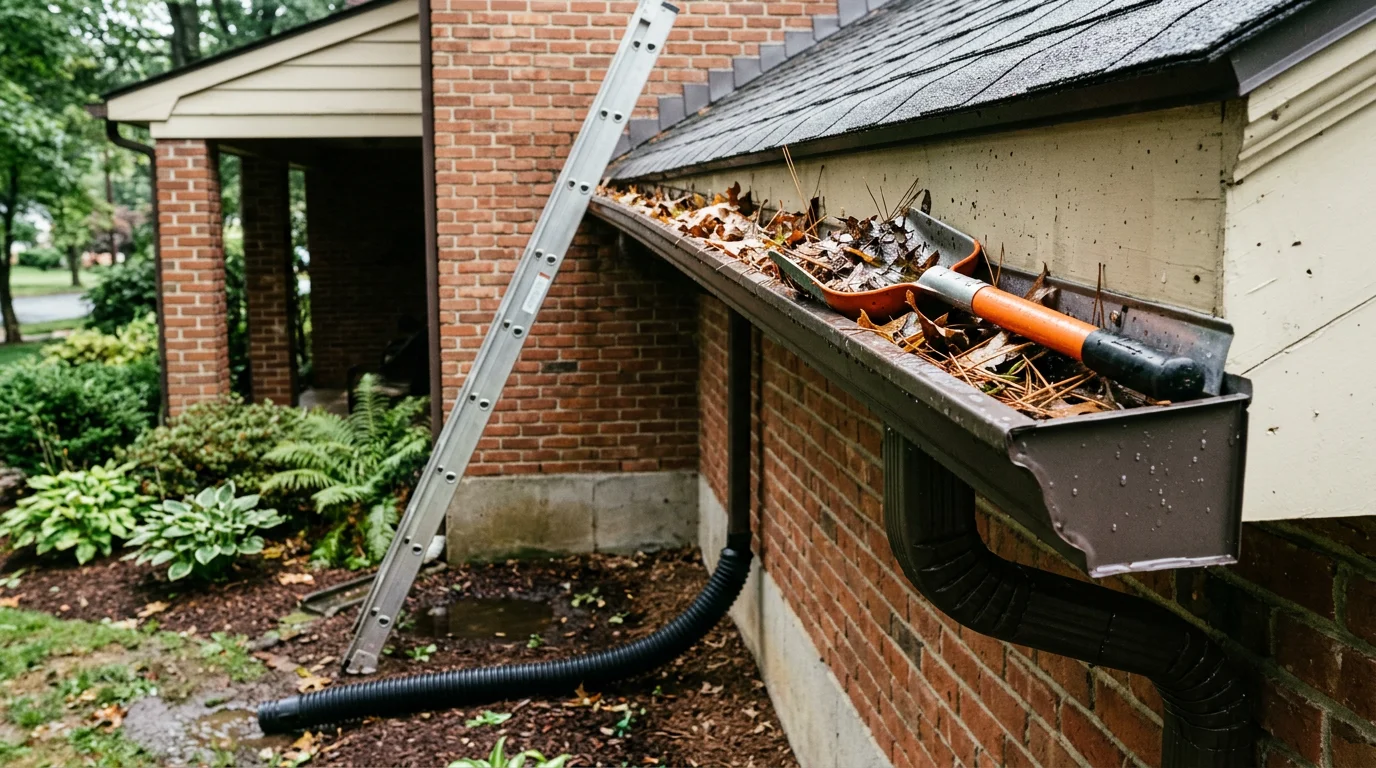 A contractor cleaning debris-packed gutters on a residential home in Metuchen, NJ, with piles of wet leaves and seed pods removed from the trough. Downspouts are flushed and clear, with the home's foundation visible and dry below.