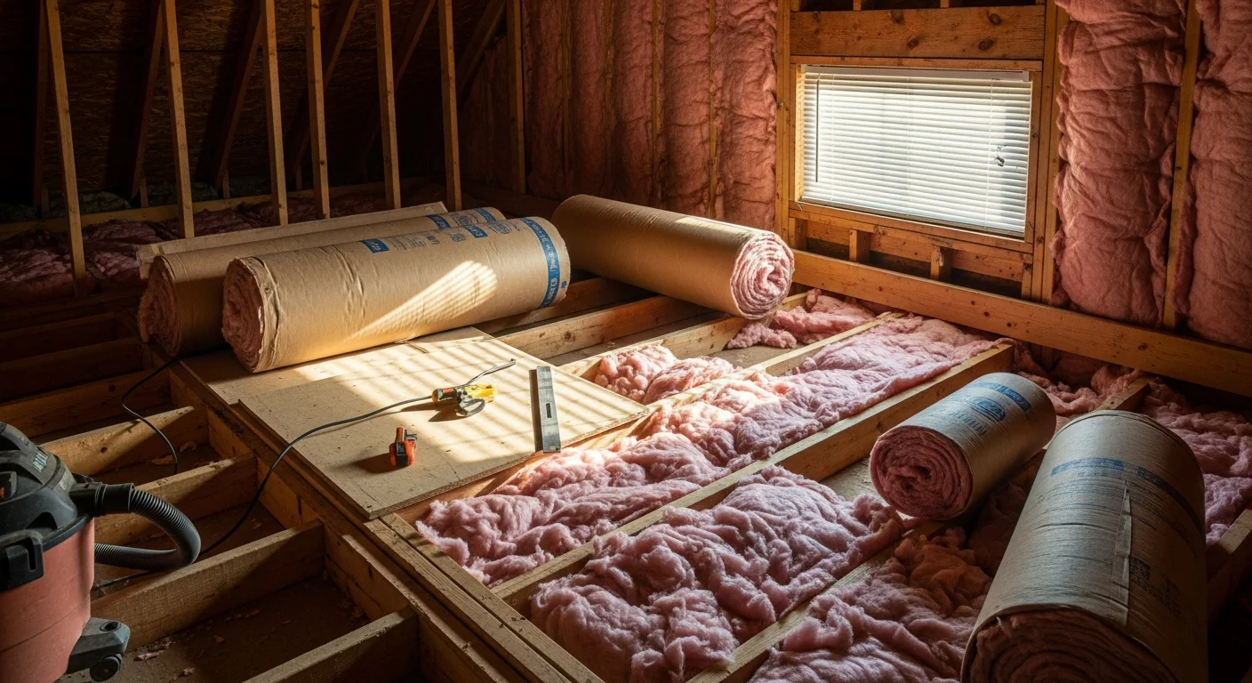 Insulation installed along the attic floor joists of a mid-century single-family home in Metuchen, NJ, with exposed framing visible and coverage extending to the eaves. A second view shows insulated basement walls with continuous coverage along the rim joist area of a Metuchen colonial-style home.