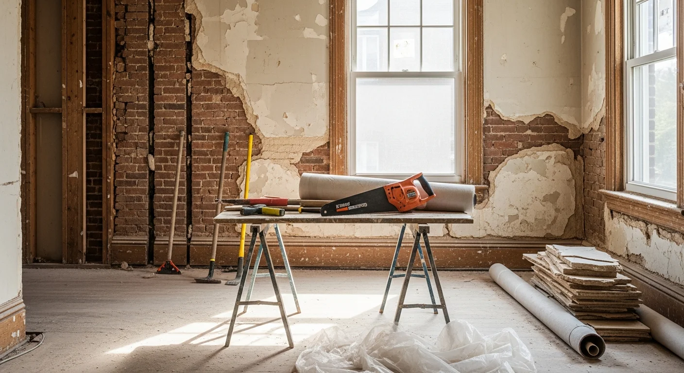 Interior of a Metuchen, NJ home mid-demolition showing stripped walls, removed flooring, and cleared fixtures with the exterior structure fully intact. A general contractor crew from Ideal Contracting Inc prepares the open space for the next phase of renovation.