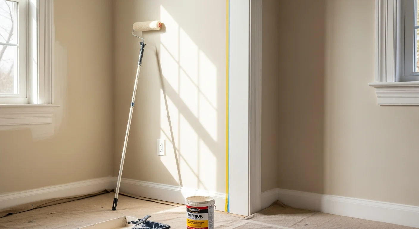 A freshly painted living room interior inside a colonial-style home in Metuchen, NJ, showing smooth walls, clean trim lines, and a neutral color on the walls and ceiling. A professional painter applies a second coat to the trim using a brush, with drop cloths covering the hardwood floor.