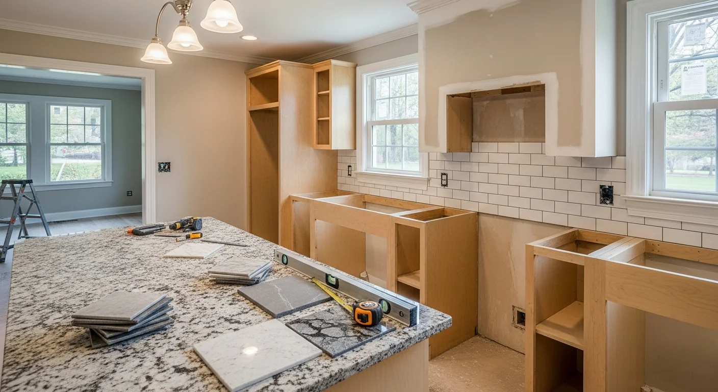 Fully remodeled kitchen inside a Metuchen, NJ single-family home, featuring new cabinetry, stone countertops, and updated tile flooring. The space shows an open layout with recessed lighting and a clean, modern finish.