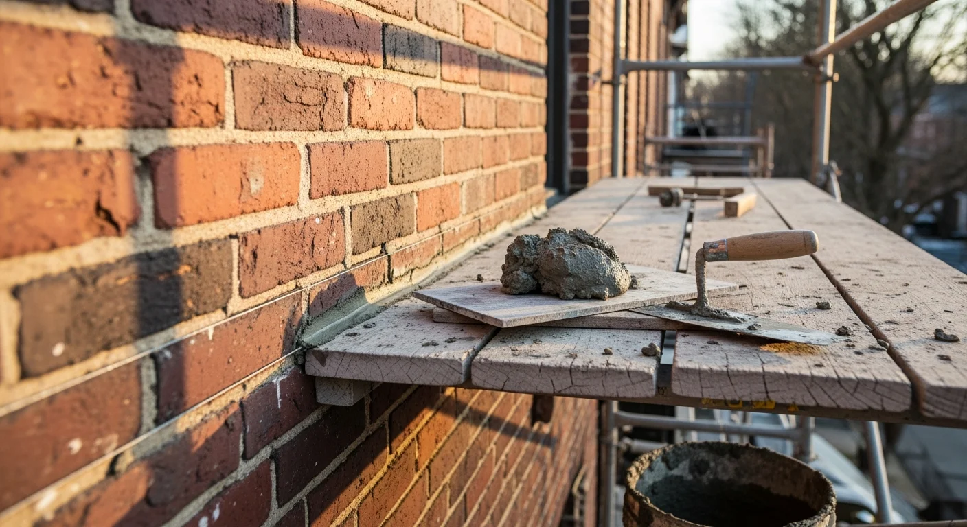 Freshly repointed brick steps at the front entry of a residential home in Metuchen, NJ, with clean mortar joints and matching brick color. A stone retaining wall runs along the side yard, showing even coursework and proper drainage grading.
