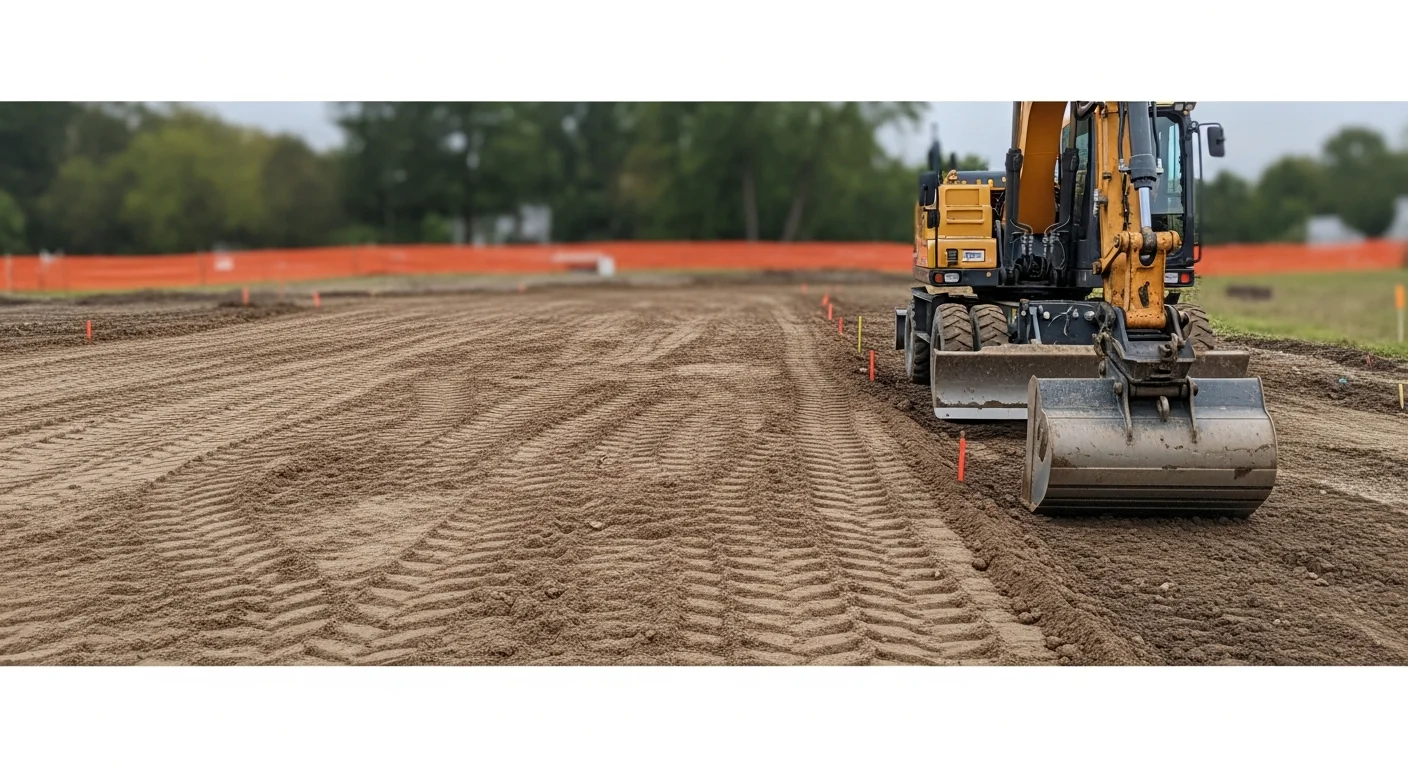 A graded and cleared construction lot in Metuchen, NJ with compacted soil and defined drainage slopes ready for foundation work. Heavy equipment tracks are visible across the leveled ground, showing active site preparation in progress.