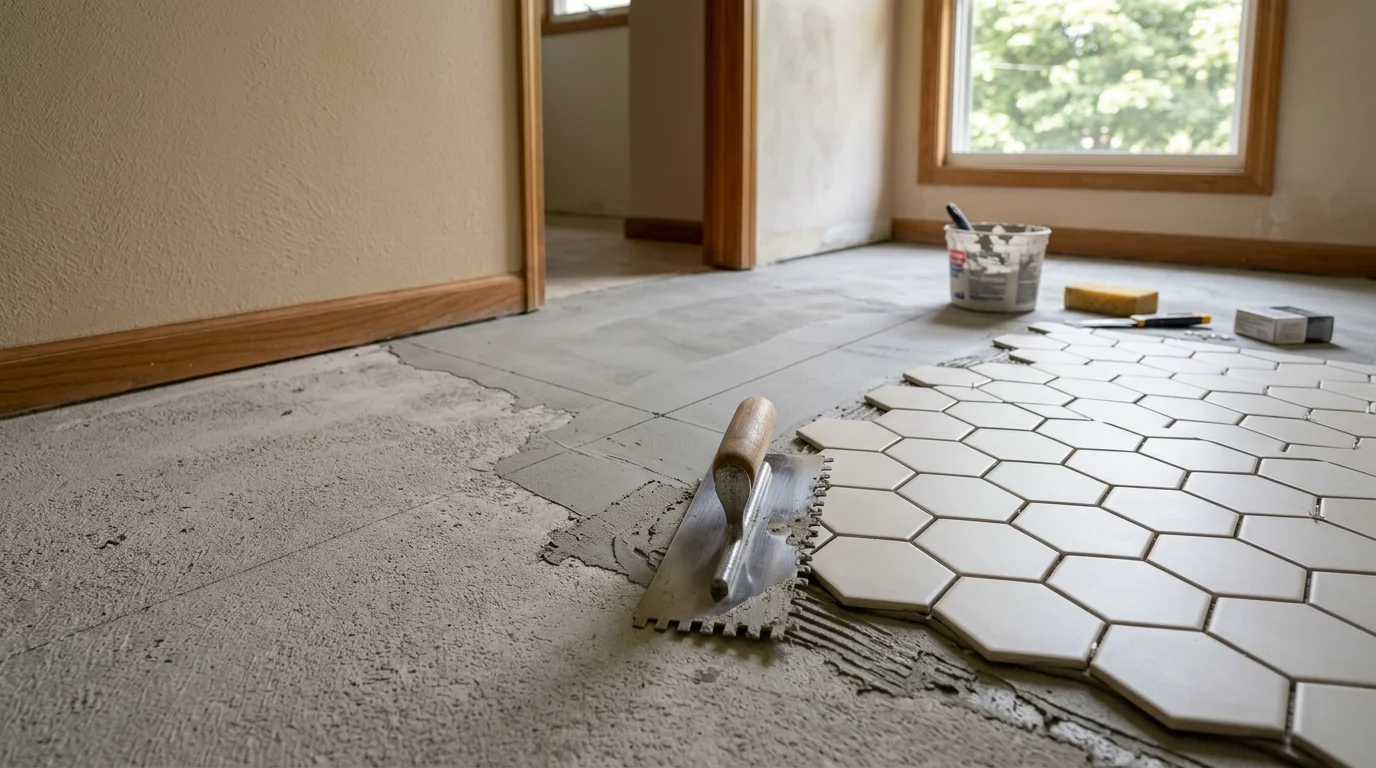 Freshly installed floor tile in a bathroom of a single-family home in Metuchen, NJ, showing tight grout lines and a clean finished edge at the base of the wall. The tile work was completed by Ideal Contracting Inc as part of a bathroom renovation in Central Jersey.
